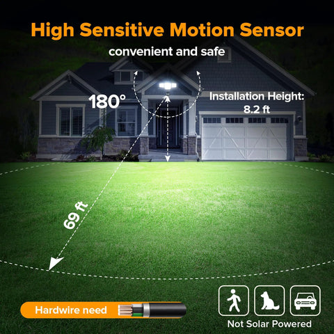 Hella Bright 80 Watt 9000 Lumens 4 Head Outdoor Security Flood Light With Hardwired Motion Sensor And Swivel Adjustable Heads for patio and lawn.