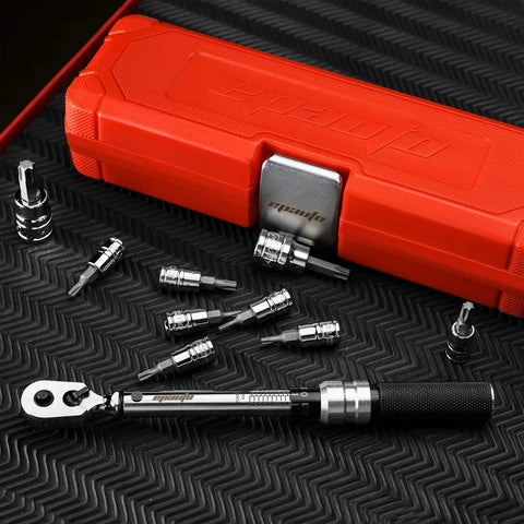 Gear Up Bike Torque Wrench Set 1/4 Inch Drive With Hex And Torx Bits 2-20 Nm Click Wrench and red storage case on textured surface.