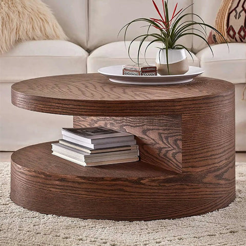 Round wooden coffee table with books and plant, showcasing One Coat Polyurethane Protective Wood Finish In Clear Gloss Quart Dries In Two Hours