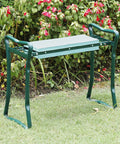Two In One Garden Kneeler And Seat For Easy Weeding Flip Over Stool with green steel frame in garden