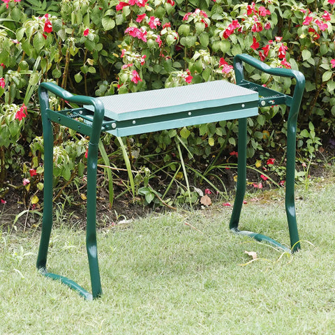 Two In One Garden Kneeler And Seat For Easy Weeding Flip Over Stool with green steel frame in garden
