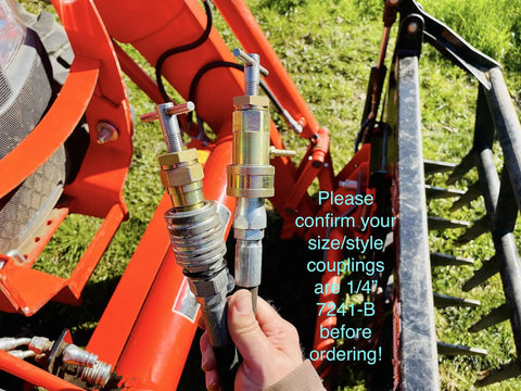 One Quarter Inch Hydraulic Quick Coupling Pressure Decompression Tool ISO 7241-B Relief, male and female adapters on tractor