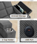 Armrest storage, cup holder, and USB port on Big And Comfy Recliner With 360 Degree Swivel Tray Table Modern Tufted Linen Chair.