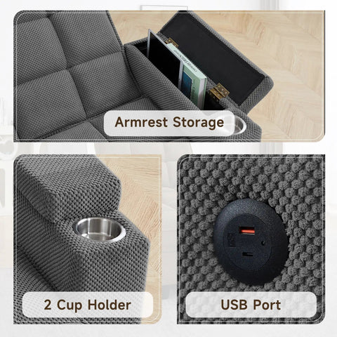 Armrest storage, cup holder, and USB port on Big And Comfy Recliner With 360 Degree Swivel Tray Table Modern Tufted Linen Chair.