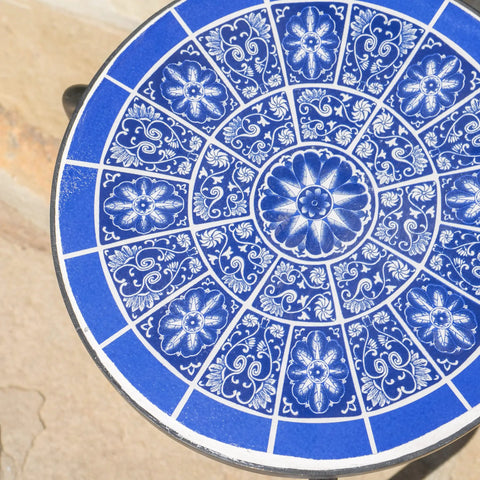 Slate Outdoor Ceramic Tile Side Table With Iron Frame In Blue And White, featuring floral patterned ceramic tile top.