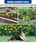 Image showing a 26 Pack Decorative Garden Fence 22 Inch By 28 Foot Arched No Dig Border Fence Ground Stakes Rustproof Metal Animal Barrier For Dogs Rabbits Outdoor Yard Patio Decor, with visual of fence in garden setting protecting plants from dogs.