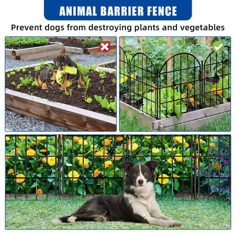 Image showing a 26 Pack Decorative Garden Fence 22 Inch By 28 Foot Arched No Dig Border Fence Ground Stakes Rustproof Metal Animal Barrier For Dogs Rabbits Outdoor Yard Patio Decor, with visual of fence in garden setting protecting plants from dogs.