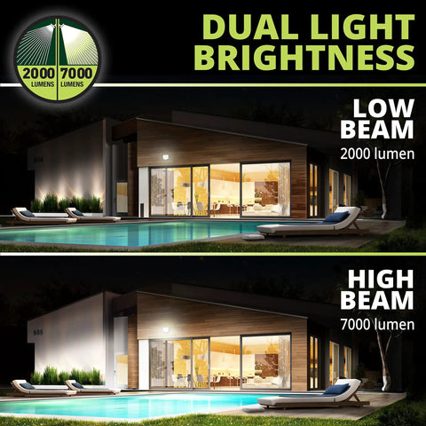 Hyper Bright LED Motion Activated Security Flood Light In Bronze With Dual 2000 Or 7000 Lumens illuminating house exterior