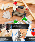 18 Gauge Pneumatic Brad Nailer Kit with 2000 Nails Included, lightweight finish nail gun for trim and small woodwork displayed with nails
