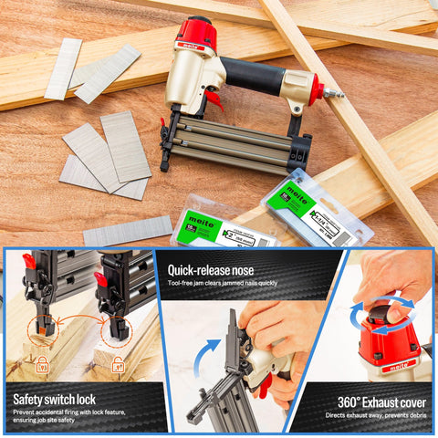 18 Gauge Pneumatic Brad Nailer Kit with 2000 Nails Included, lightweight finish nail gun for trim and small woodwork displayed with nails