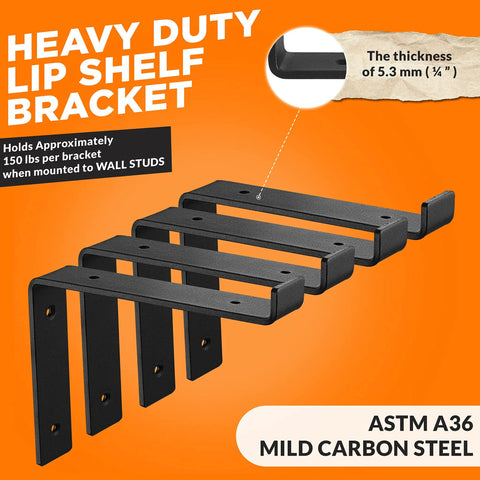 Six Pack 8 Inch Z Shelf Brackets With Lip For 7.25 Inch Boards, Heavy Duty Wall Mounted Shelf Supports, Black Finish, DIY Shelving Hardware Included, Sturdy Brackets For Garage, Home Office, Closet, And More, showing heavy duty ASTM A36 mild carbon steel construction with 5.3mm thickness