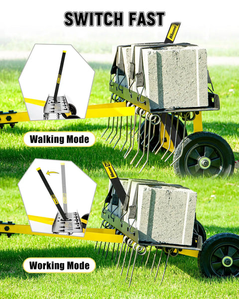 Tow Behind Lawn Dethatcher with 24 spring steel tines, heavy duty carbon steel frame, 48 inch wide, in walking and working mode
