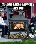 39 Inch Fire Pit With Wood Storage, heavy-duty steel, in backyard with two people seated, showing outdoor fireplace in use.