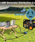 NEMA L5-30P To 5-15R 5-20R RV Generator Adapter With Circuit Breaker connected to generator and appliances on a campsite table