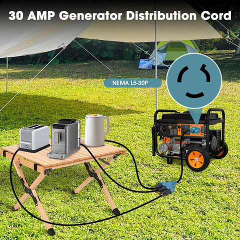 NEMA L5-30P To 5-15R 5-20R RV Generator Adapter With Circuit Breaker connected to generator and appliances on a campsite table