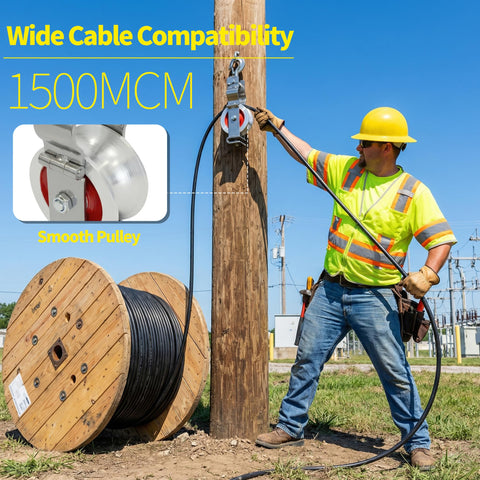 Beefy Heavy Duty Cable Pulley With Dual Mounting Options For Wire Pulling And 1500MCM Cables used by worker on utility pole