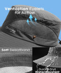 Men's Bucket Sun Hat With UPF Protection, dark grey hat showing ventilation, sweatband, and water resistance features