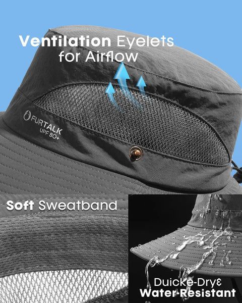 Men's Bucket Sun Hat With UPF Protection, dark grey hat showing ventilation, sweatband, and water resistance features