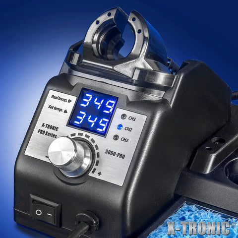 75 Watt Soldering Station Kit With Mini Mag Lamp And 4 Helping Hands Dual Digital Displays with temperature settings visible