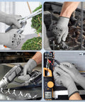 Grippy Cut Resistant Gloves ANSI A6 A7, 12 Pairs Touchscreen Ready Work Gloves shown in gardening, auto repair, metalworking, electrical tasks.