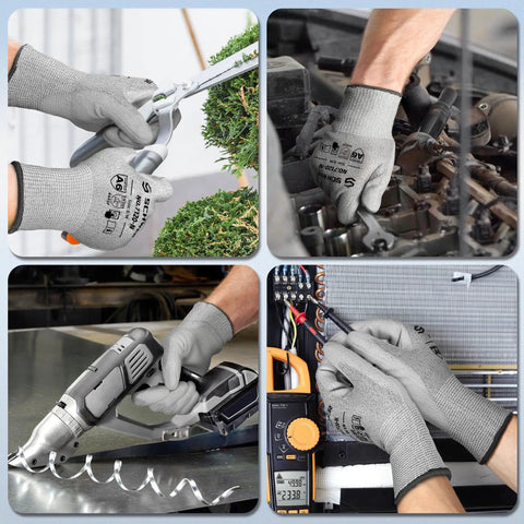 Grippy Cut Resistant Gloves ANSI A6 A7, 12 Pairs Touchscreen Ready Work Gloves shown in gardening, auto repair, metalworking, electrical tasks.