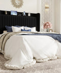 Queen Size Velvet Bed Frame With Storage Headboard And Charging Station Black Upholstered Bookshelf Base Keeping Your Phones Juiced For Solid Bedroom Vibes with decorative pillows.