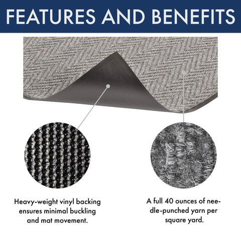 Chevron Entrance Mat For Home Or Office 3x6 Gray Heavy-Duty Scrape Mat with needle-punched yarn and vinyl backing details