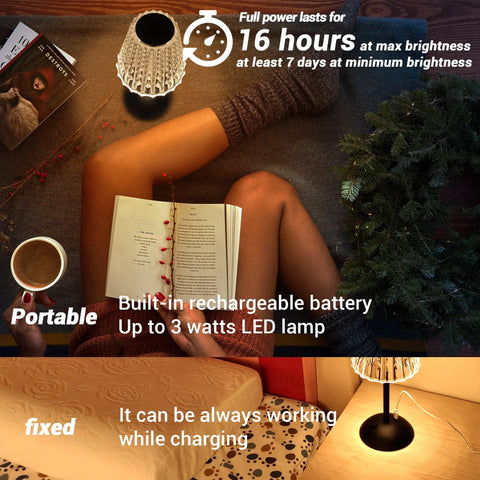 Cordless LED Table Lamp With 4000mAh Rechargeable Battery, 3 Color Modes And Stepless Dimming on bedroom table, cozy setting.