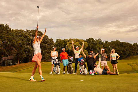 Group of golfers celebrating on course with bags, featuring Dope Fairway Wood Headcover With Style And Flare, Premium Golf Club Cover.