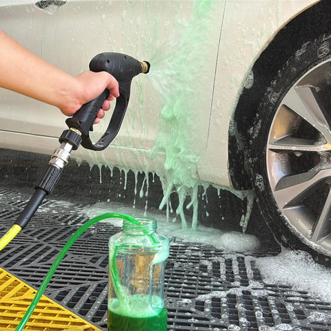 Person using Downstream Injector For Pressure Washer With 3/8 Inch Quick Connect And 10 Ft Siphon Hose Fixed Chemical Injector Kit