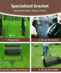 36 Inch Towable Compost Spreader With Black Metal Mesh Roller For Topsoil Mulch Manure And Peat Moss No Fuss Assembly Easy To Use shown assembled and in use on grass