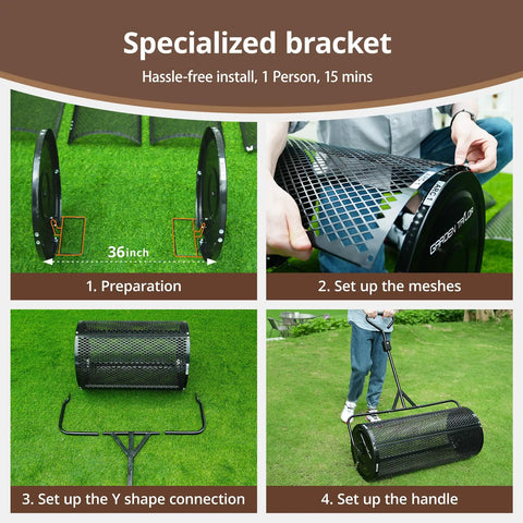 36 Inch Towable Compost Spreader With Black Metal Mesh Roller For Topsoil Mulch Manure And Peat Moss No Fuss Assembly Easy To Use shown assembled and in use on grass