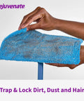 Reusable Microfiber Sweeper Pads That Fit Swiffer Mops Like A Charm Machine Washable Over One Hundred Times Kick Ass Dust And Hair Trap Saves Real Big Bucks Nifty Five Count Pack blue pad in hand, showcasing cleaning texture.