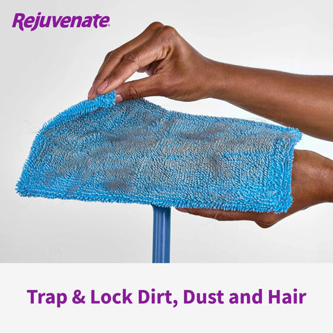 Reusable Microfiber Sweeper Pads That Fit Swiffer Mops Like A Charm Machine Washable Over One Hundred Times Kick Ass Dust And Hair Trap Saves Real Big Bucks Nifty Five Count Pack blue pad in hand, showcasing cleaning texture.