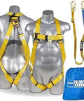 Heavy Duty Full Body Safety Harness Kit With Detachable 6 Ft Lanyard Single Leg Design Internal Shock Absorbing System And Snap Hook OSHA ANSI Fall Arrest Gear 4 Pack For Job Site Protection displayed on mannequin with lanyard and bag.