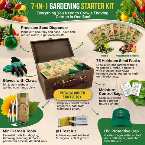 75 Vegetable And Greens Seed Variety Pack With Garden Starter Kit For Indoor And Outdoor Planting Non GMO Heirloom Seeds Over 44,700 Seeds In A Seed Box With Tools, Gloves, And Dispenser A Great Gift For Gardeners