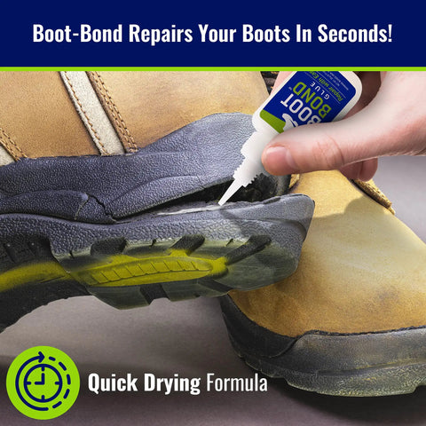 Applying Fast Dry Boot Repair Glue That Fixes Boots In Seconds to a separated sole for tough yet flexible waterproof seal.