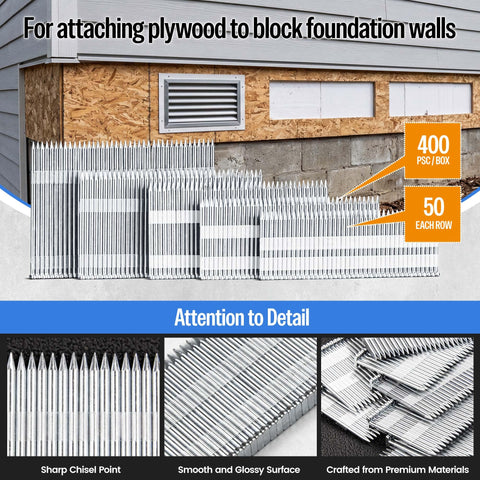 400 count of 14 Gauge Concrete T Nails for Pneumatic Nailer Gun with sharp chisel tip, galvanized finish, for masonry framing