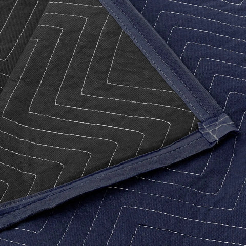 Close-up of Pro Economy Moving Blanket 80 By 72 Inches Premium Quilted Shipping Furniture Pad Navy Blue And Black Heavy Duty Cushioning.