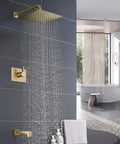 Brushed Gold Shower Fixtures Set With 12 Inch Square Rain Shower Head, Tub Spout, 16 Inch Shower Arm, Valve Included in modern bathroom