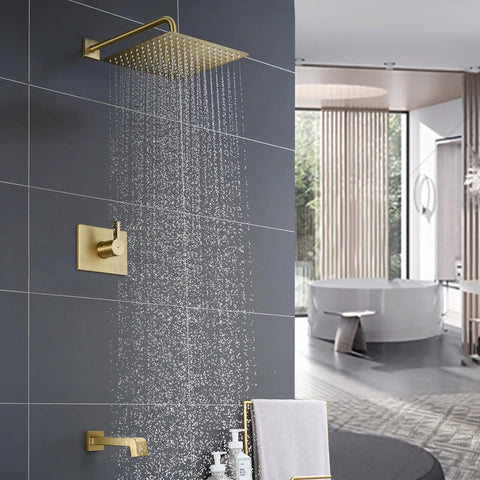 Brushed Gold Shower Fixtures Set With 12 Inch Square Rain Shower Head, Tub Spout, 16 Inch Shower Arm, Valve Included in modern bathroom