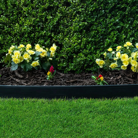 Killer 4 Inch No Dig Landscape Edging Kit with 75 Foot Black Plastic Edging Coil separating garden mulch and yellow flowers.