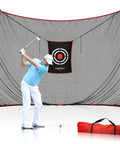Backyard Golf Hitting Net With Heavy Duty Frame And Net For Real Golf Balls Indoor Outdoor Use shown with golfer swinging