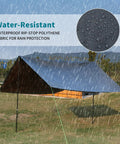 Heavy Duty Tarp 6x8 Foot Waterproof Tarpaulin With Grommets in rain, covering campground, shown with water drops and UV protection