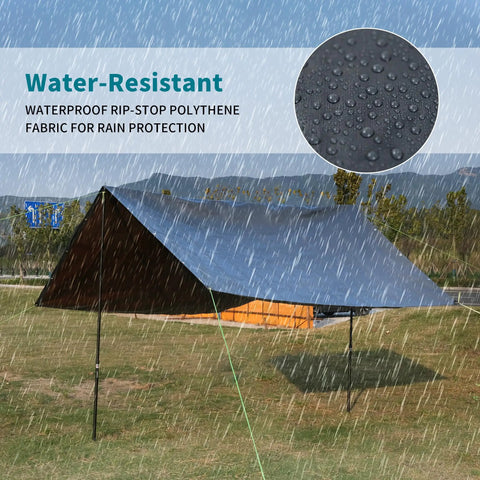 Heavy Duty Tarp 6x8 Foot Waterproof Tarpaulin With Grommets in rain, covering campground, shown with water drops and UV protection