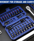 27 Piece Magnetic Nut Driver Kit With Quick Release Extensions, SAE And Metric Cr V Steel Drivers in blue case with tools.
