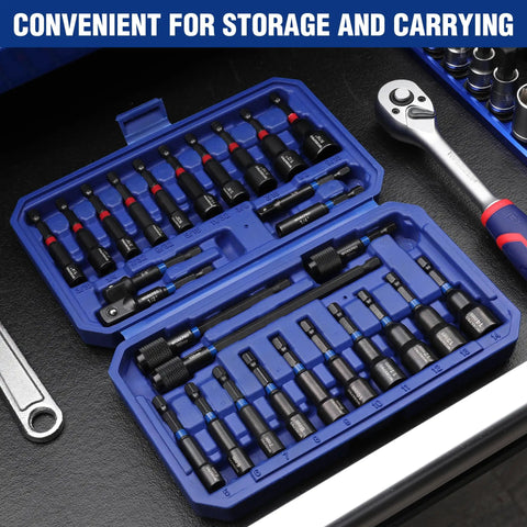 27 Piece Magnetic Nut Driver Kit With Quick Release Extensions, SAE And Metric Cr V Steel Drivers in blue case with tools.