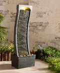 Curved Faux Slate Waterfall Fountain With LED Light Accents For Indoor Or Outdoor Use, Easy Setup, Modern Black And Stone Gray Design
