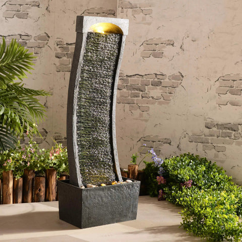 Curved Faux Slate Waterfall Fountain With LED Light Accents For Indoor Or Outdoor Use, Easy Setup, Modern Black And Stone Gray Design