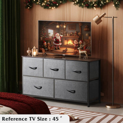 Five Drawer Fabric Dresser For Bedroom And Closet Storage, Wide Chest Of Drawers With Fabric Bins, Dark Grey under 45-inch TV